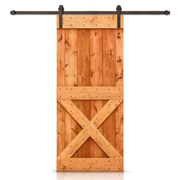 CALHOME 32 in. x 84 in. Distressed Mini X Series Red Walnut Stained DIY Wood Interior Sliding Barn Door with Hardware Kit