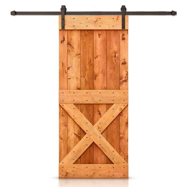 CALHOME 48 in. x 84 in. Distressed Mini X Series Red Walnut Stained DIY Wood Interior Sliding Barn Door with Hardware Kit