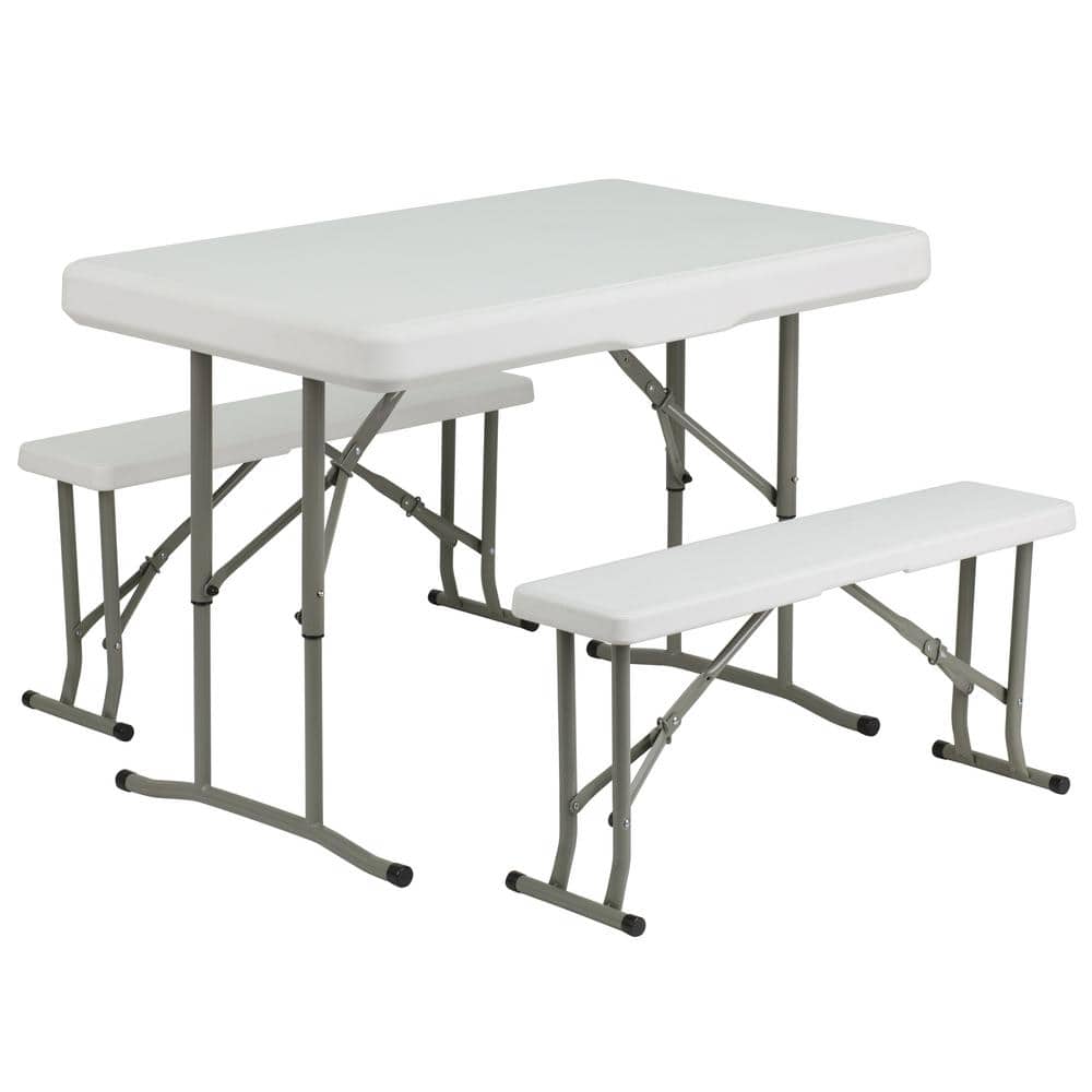 41 in. Granite White Plastic Tabletop Plastic Seat Folding Table and Bench 