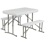 41 in. Granite White Plastic Tabletop Plastic Seat Folding Table and Bench Set