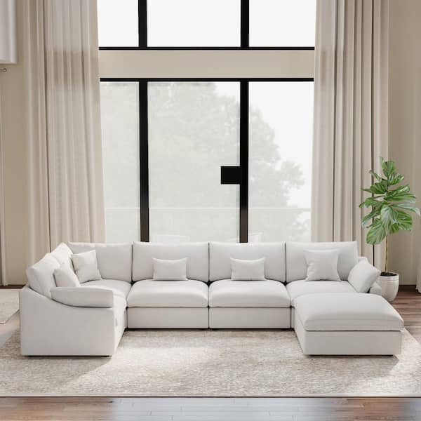 155.9 in. Square Arm 6-piece Linen Modular Sectional Sofa in. Beige with Ottoman, Living Room Couch, Customizable Design