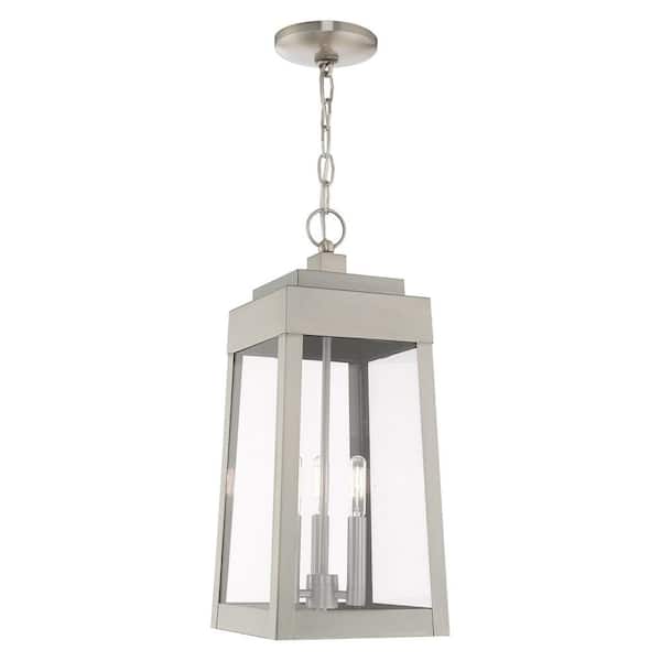 AVIANCE LIGHTING Vaughn 19.75 in. 3 Light Brushed Nickel Dimmble Outdoor Pendant Light with Clear Glass and No Bulbs Included