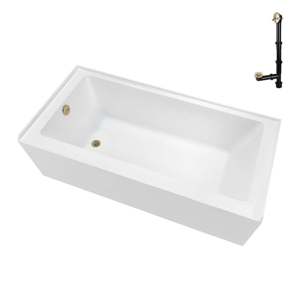 Glossy White Acrylic Alcove Bathtub with Polished Brass Drain