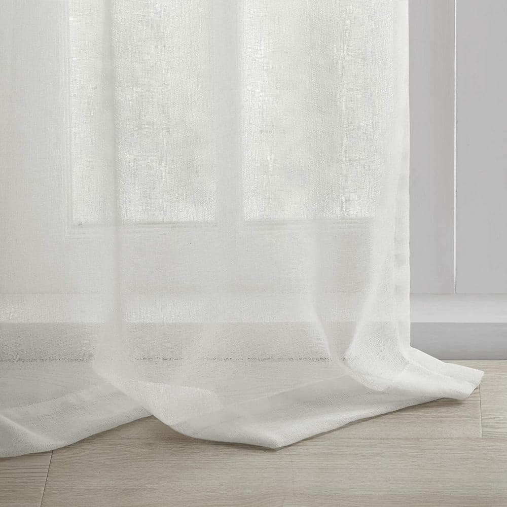 White Faux Linen Sheer Tab Top Curtain Panel
