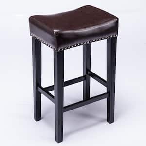 29 in. Brown Backless Wood Frame Bar Stool with Faux Leather Seat for Kitchen Counter (Set of 2)