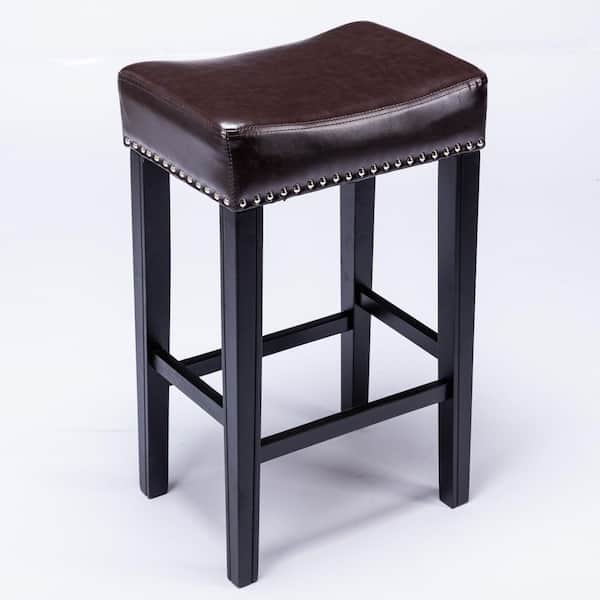 Huluwat 29 in. Brown Backless Wood Frame Bar Stool with Faux Leather Seat for Kitchen Counter (Set of 2)