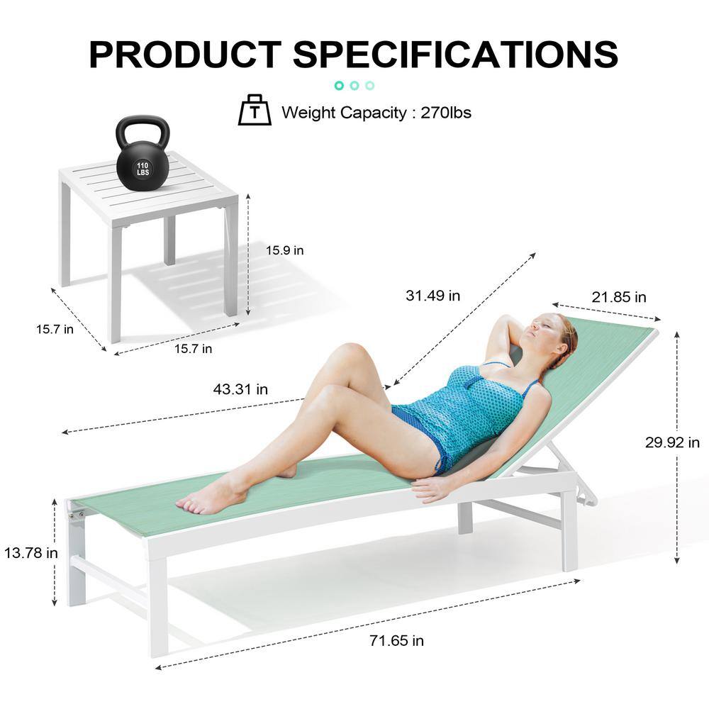 Green Aluminum Outdoor Chaise Lounge Chairs with Table Set