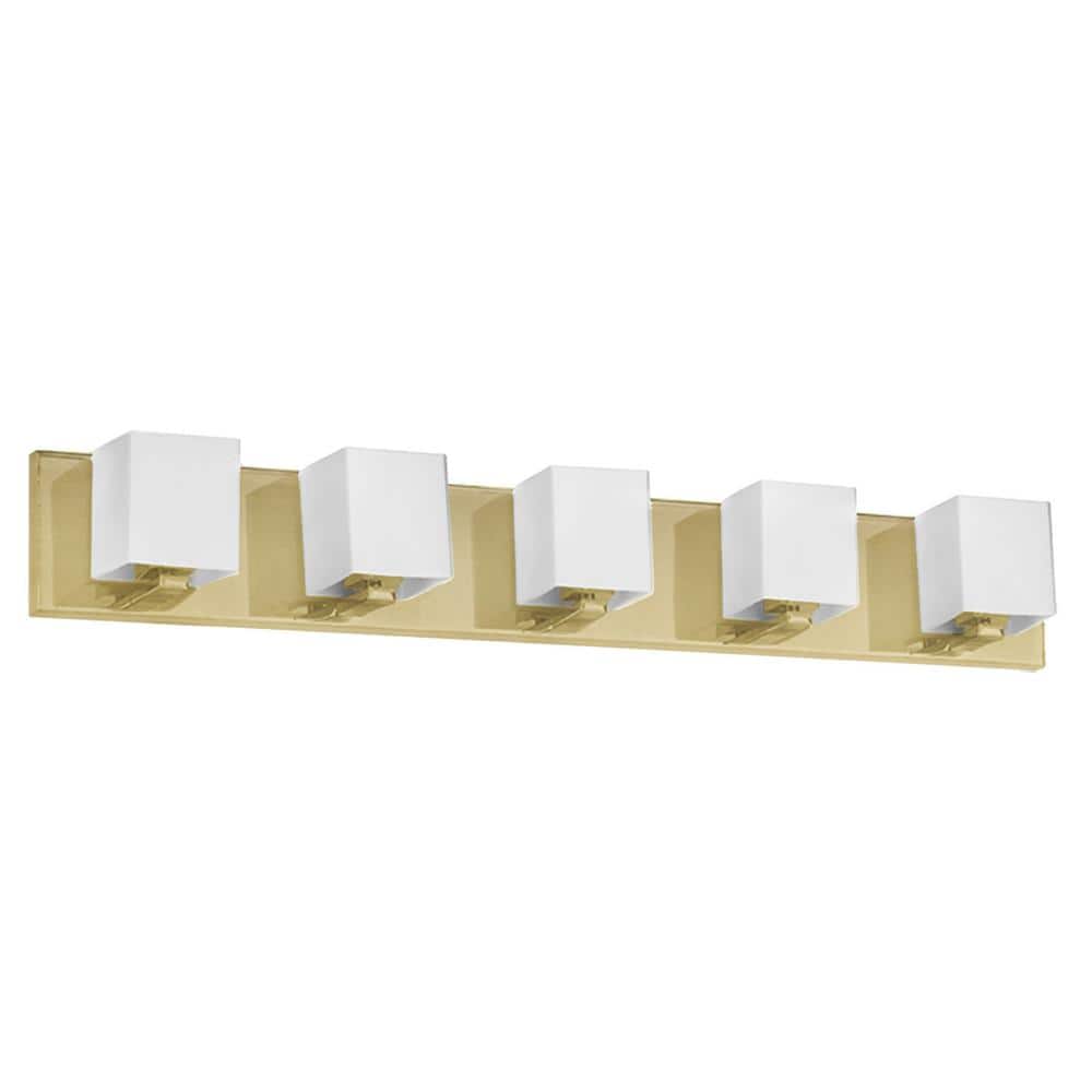 Verona 29.5 in. 5-Light Aged Brass Vanity Light with White Glass Shade