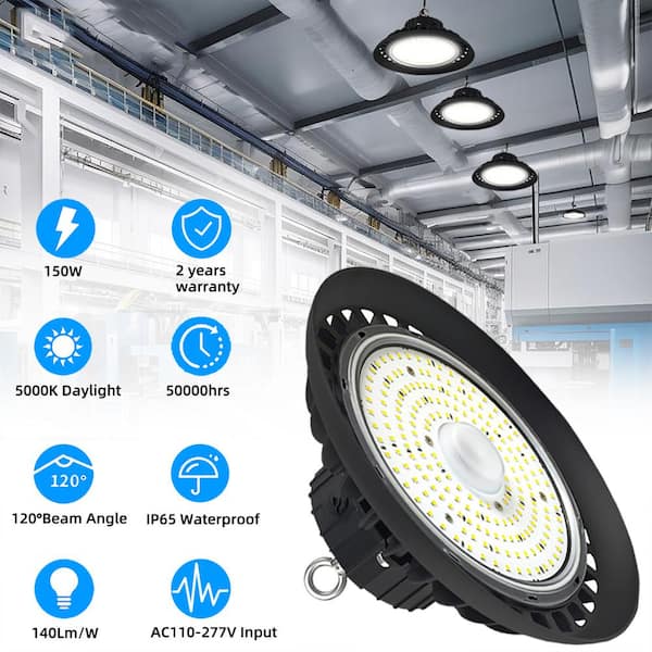 Honbei 11 in. 450-Watt Equivalent Integrated LED Dimmable Black High Bay Light, 5000K UFO High Bay Lights with US Plug 5' Cable