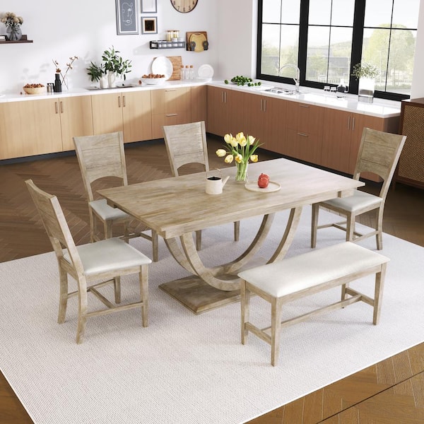 Harper & Bright Designs 6-Piece Natural Color Wood Half Round Legs Dining Set with 4 Upholstered Chairs and Long Bench