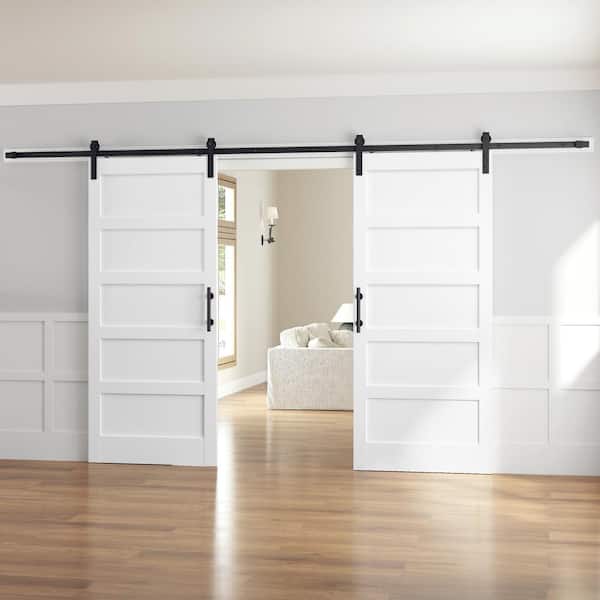 72 in. x 84 in. (Double 36 in. Doors) 5-Panel Solid MDF White Finished Interior Sliding Barn Door with Hardware Kit