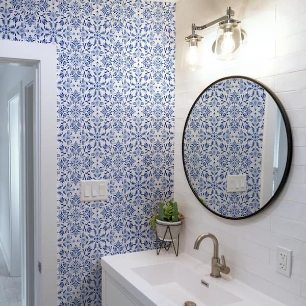 Tempaper Ornamental Tile Lisbon Blue Peel and Stick Wallpaper