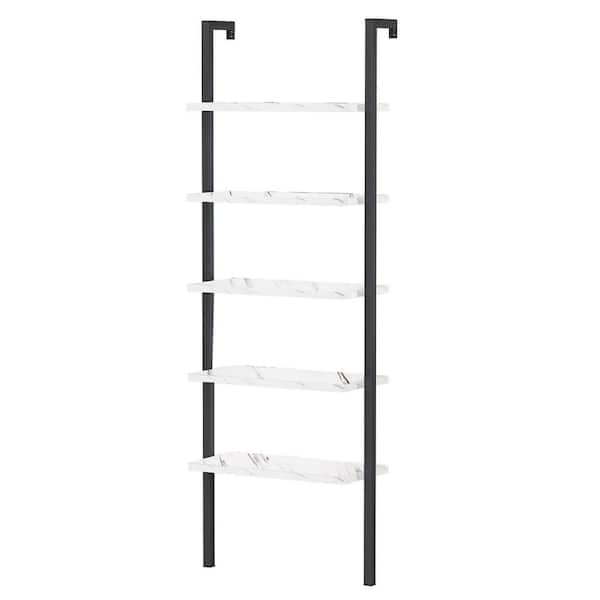mieres 21 Saviq 70.8 in. Black/White Metal Frame 5 Shelf Wall Mount Ladder Bookcase