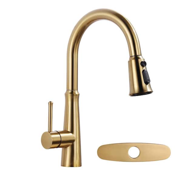 ALEASHA Single Handle Pull Down Sprayer Kitchen Faucet in Brushed Gold