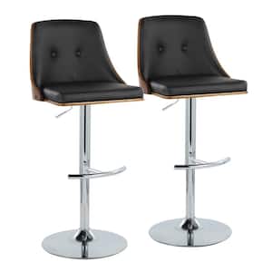 Gianna 32.75 in. Black Faux Leather, Walnut Wood and Chrome Metal Adjustable Bar Stool (Set of 2)