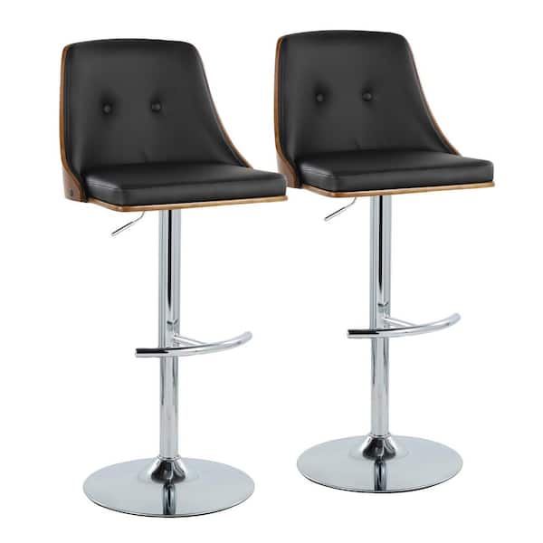 Lumisource Gianna 32.75 in. Black Faux Leather, Walnut Wood and Chrome Metal Adjustable Bar Stool (Set of 2)