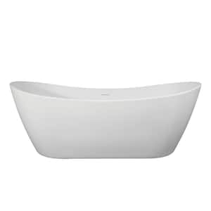75 in. x 35 in. Acrylic Freestanding Soaking Bathtub in Matte White With Polished Brass Drain, Bamboo Tray