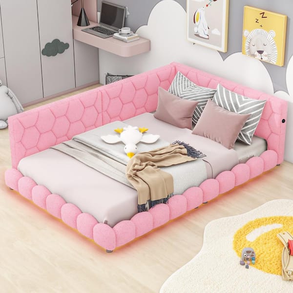 Polibi Pink Wood Frame Full Size Platform Bed with USB Ports and LED belt