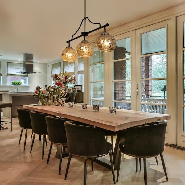 Farmhouse Black Dining Room Hanging Pendant Light, 28.5 in. 3-Light Modern Brass Pendant Light, Mercury Glass Chandelier