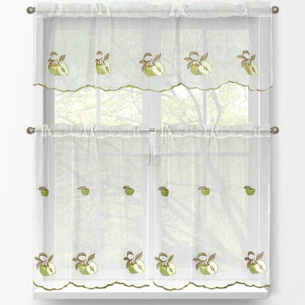 Window Elements Sheer Green Apple Embroidered 3-Piece Kitchen Curtain Tier and Valance Set