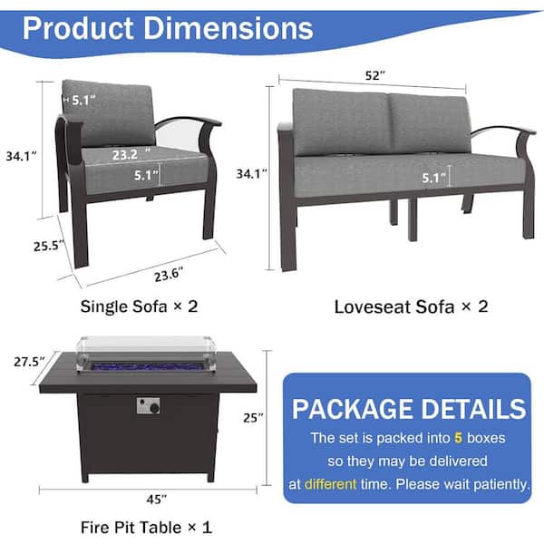 5-Piece Aluminum Outdoor Patio Conversation Set with armrest, 55000 BTU Propane Firepit Table and Gray Cushions