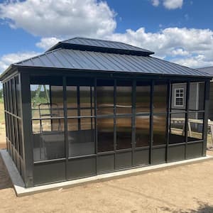 12 ft. x 16 ft. Gray Sunroom Hardtop Gazebo Solarium Galvanized Double Roof All-Weather Aluminum Outdoor Screen House