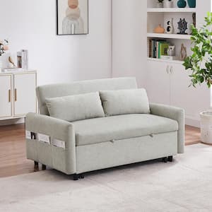 55.1 in. Beige 2-Seater Convertible Pull Out Sofa Bed with Storage Pockets, 2 Pillows and USB Ports
