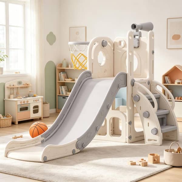 SEEUTEK 6-in-1 Toddler Slide Climber with Basketball Hoop and