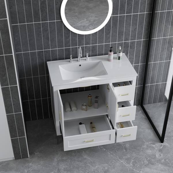 FUNKOL 36 in. x 18.3 in. x 32.9 in. White MDF Rectangle Bathroom Vanity Cabinet Ready to Assembly, Solid Wood Plus