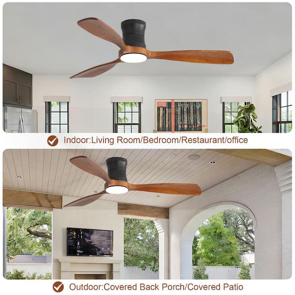48 in. Indoor/Outdoor Flush Low Profile Standard Wood Black Ceiling Fan with LED Light Kits, 6-Speed DC Remote Control