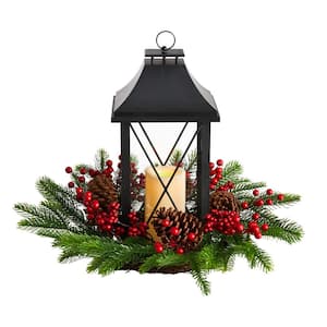 16 in. Unlit Holiday Christmas Berries, Pinecones and Greenery with Lantern and LED Candle Artificial Table Arrangement