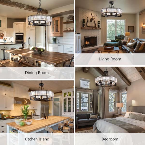 26 in. Modern 6-Light Farmhouse Crystal Drum Matte Black Wagon Wheel Chandelier Ceiling Semi Flush Mount