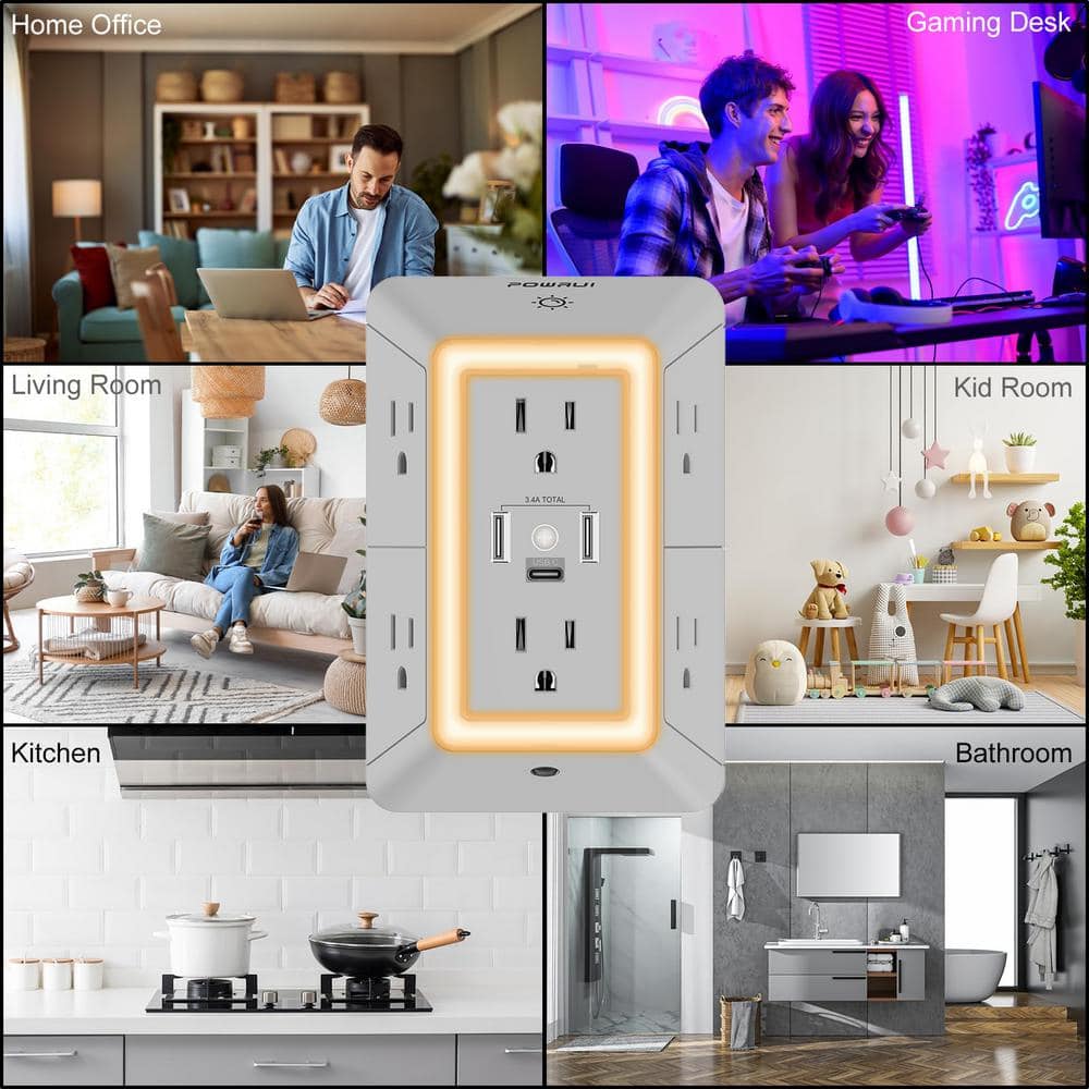 Grey 6-Outlet Surge Protector with USB Ports and Night Light