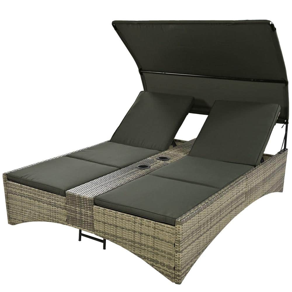 Zeus & Ruta Brown Wicker Outdoor Day Bed Chaise Lounge with Shelter Roof Adjustable Backrest Storage Green Cushions for Balcony