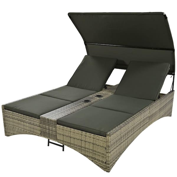 Zeus & Ruta Brown Wicker Outdoor Day Bed Chaise Lounge with Shelter Roof Adjustable Backrest Storage Green Cushions for Balcony