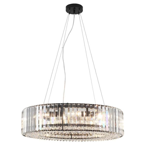 8 Light 24.8 in. Dimmable Black Luxury Round Drum Chandelier w/ Crystal Shade For Kitchen Island with No Bulbs Included