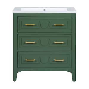 30 in. Freestanding Bath Vanity Cabinet in Green with White Resin Sink Top Combo and 3-Drawers