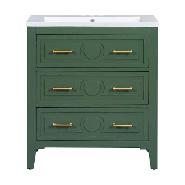 Aoibox 30 in. Freestanding Bath Vanity Cabinet in Green with White Resin Sink Top Combo and 3-Drawers