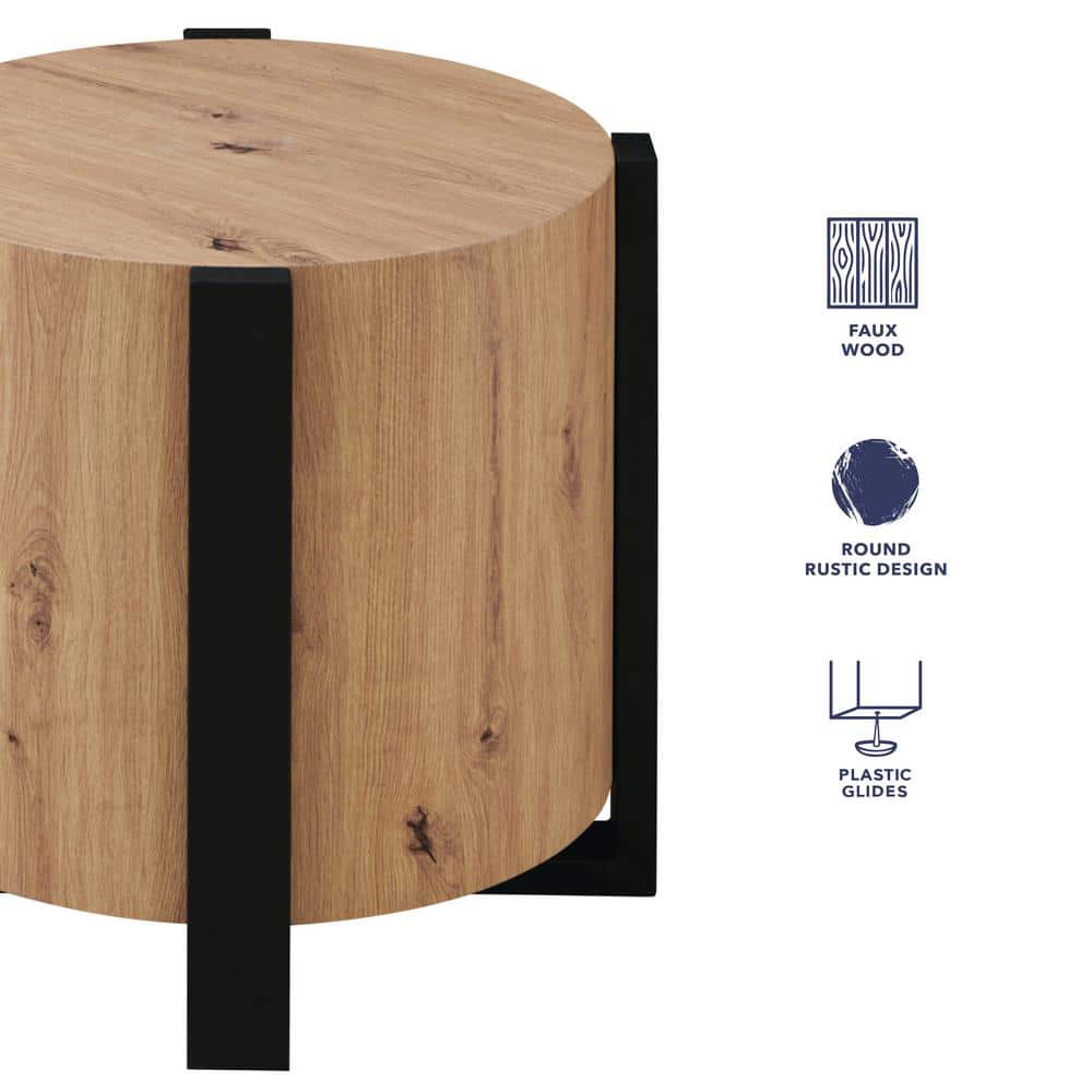 Darcie Natural Brown Round Wood End Table with Black Metal Legs