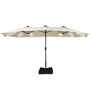 15 ft. Outdoor Rectangular Crank Market Umbrella Patio Umbrella in Beige with Solar Detachable Lights and Base