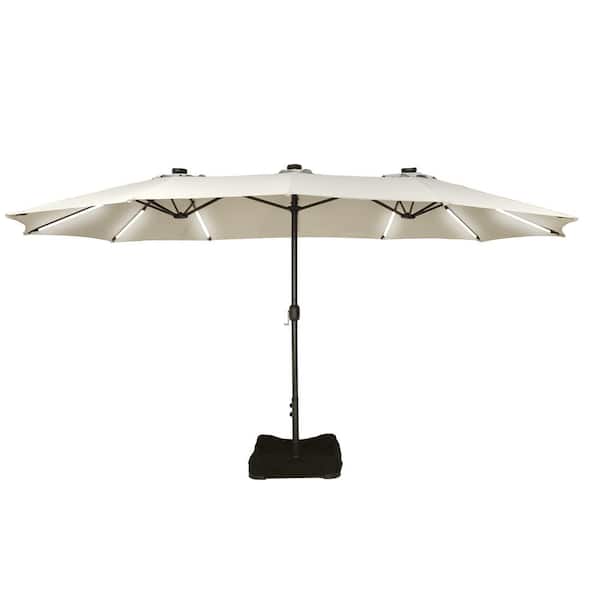 Clihome 15 ft. Outdoor Rectangular Crank Market Umbrella Patio Umbrella in Beige with Solar Detachable Lights and Base