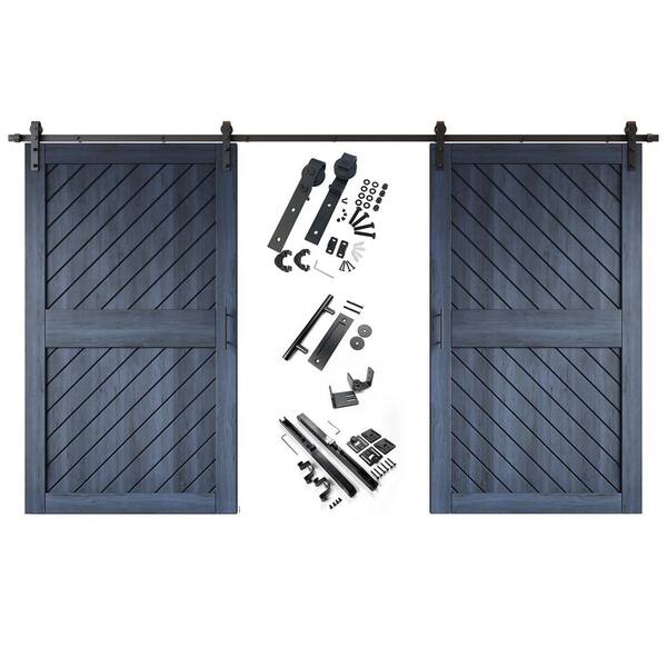 XT1 48 in. x 84 in. C-Panel Navy Slanted Stripe Design Double Pine Wood Sliding Barn Door with Hardware Kit