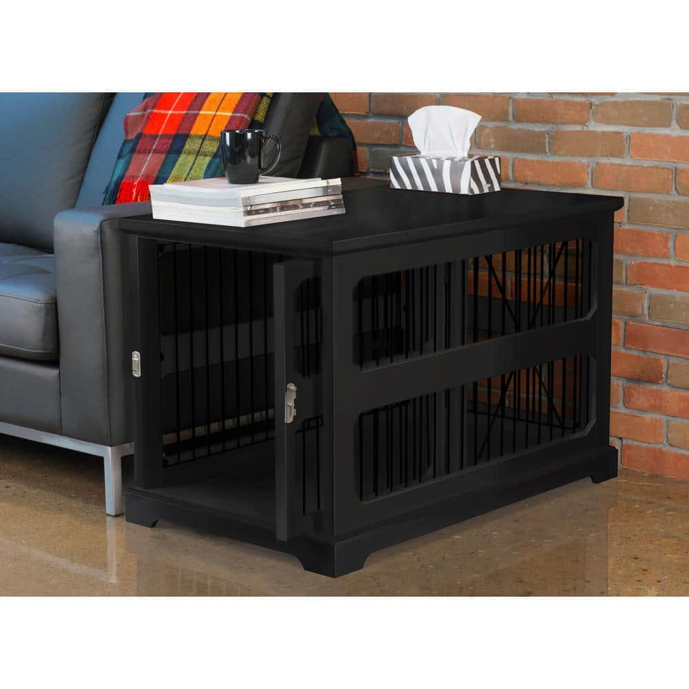 Black Hardwood and Metal Pet Crate End Table