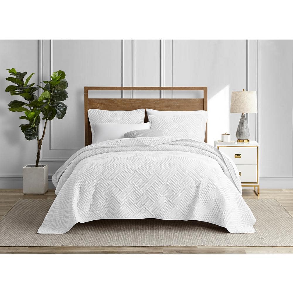 Garment Wash Grid White 3-Pieces Full/Queen Microfiber Quilt Set