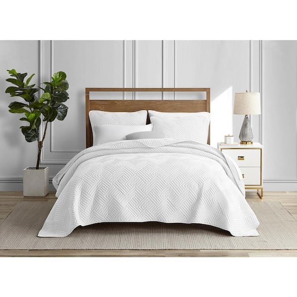 Unbranded Garment Wash Grid White 3-Pieces King Microfiber Quilt Set