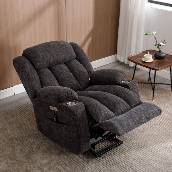 Grey Durable Chenille Power Lift Recliner Chair with Massage and Heating, USB and Type-C Ports