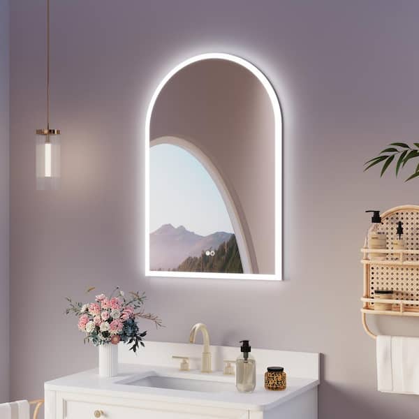 ANGELES HOME 24 in. W x 36 in. H Medium Rectangular Arched Frameless Wall LED Bathroom Vanity Mirror in White