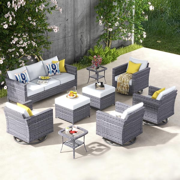 XIZZI Megon Holly Gray 9-Piece Wicker Patio Conversation Seating Sofa Set with Gray Cushions and Swivel Rocking Chairs
