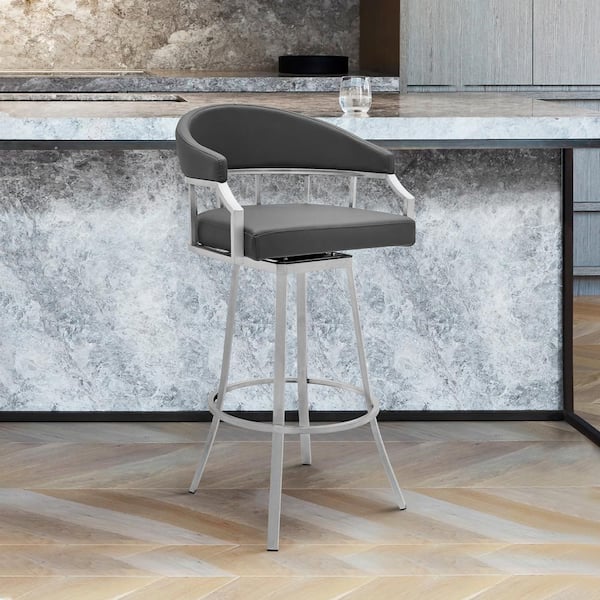 Armen Living Palmdale Brushed Stainless Steel Swivel Modern Faux Leather Bar and Counter Stool