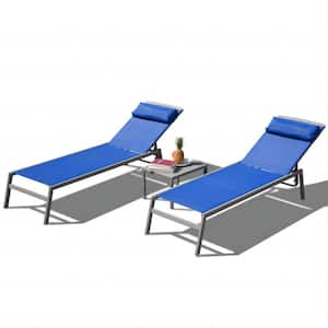 Blue Aluminium Outdoor Lounge Chair with Blue Headrest and Table